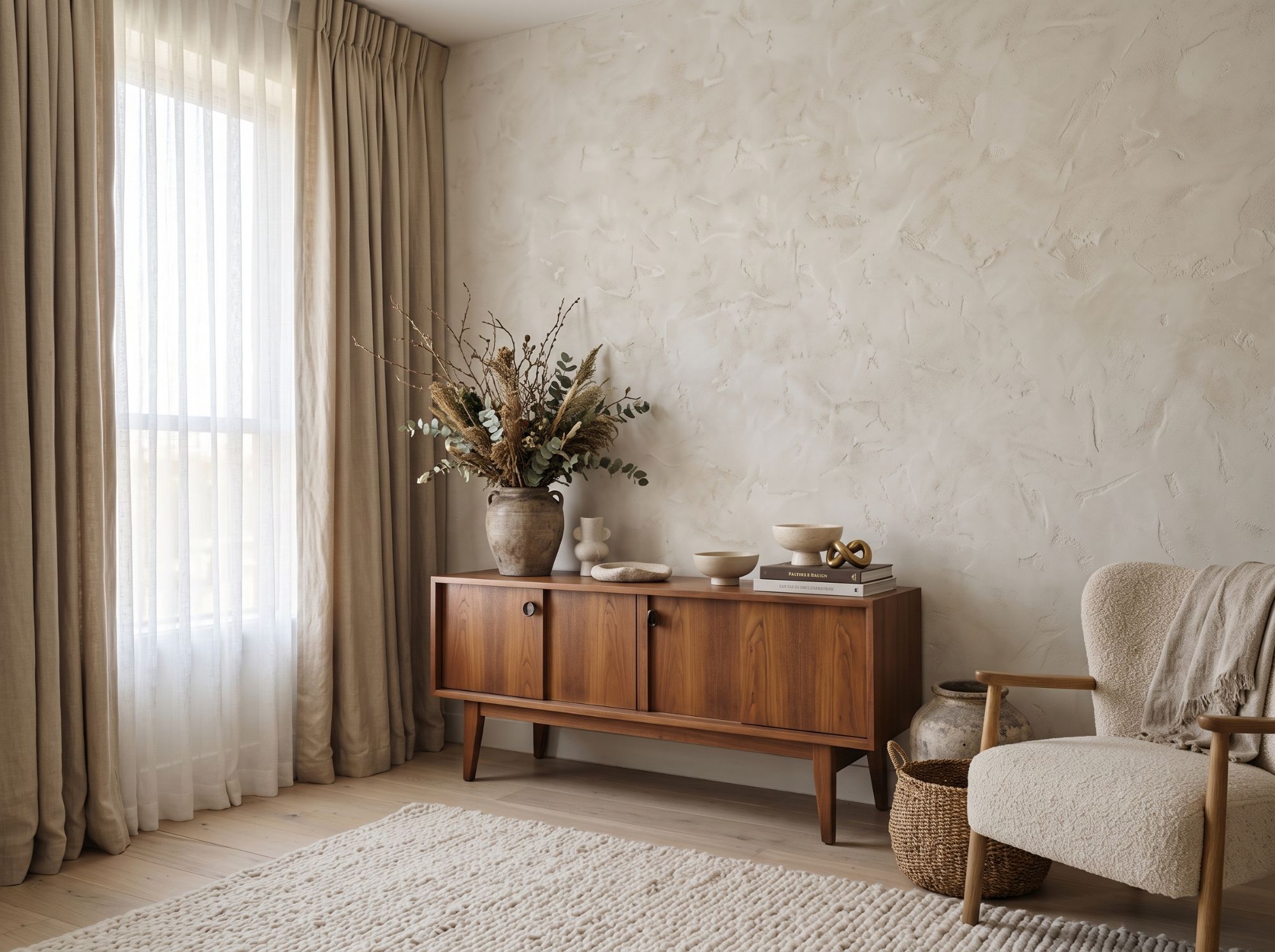 Soft ivory limewash plaster wall behind a walnut sideboard in a Springfield home